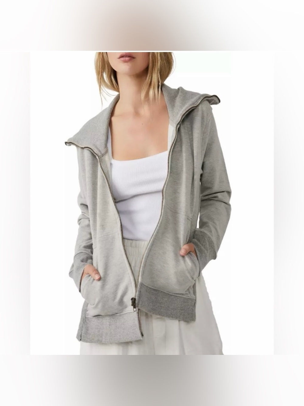 Free People Light Gray Zip Hoodie